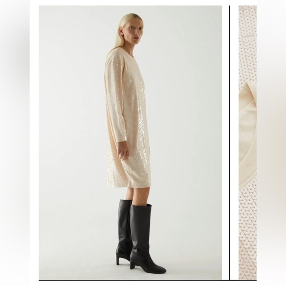 COS Cream Long-Sleeve Oversized Sequined Dress L 12/14/16 - Picture 9 of 13
